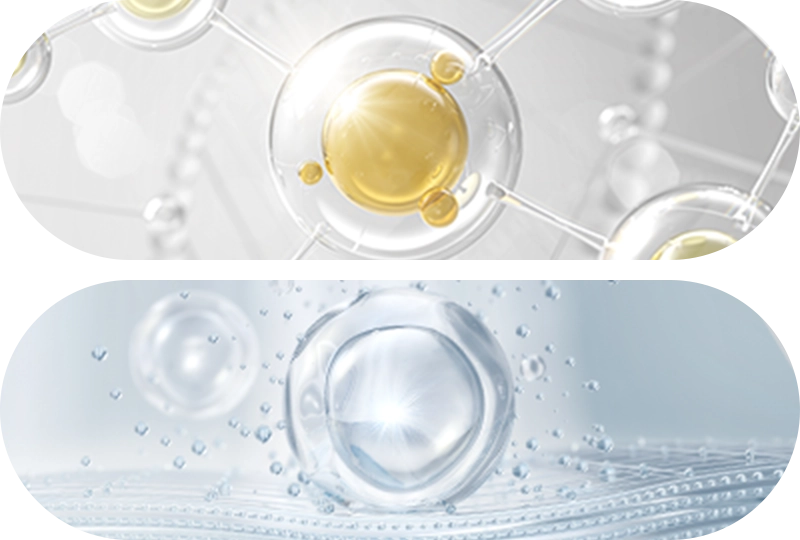 Abstract spheres representing molecules or cells, gray background.