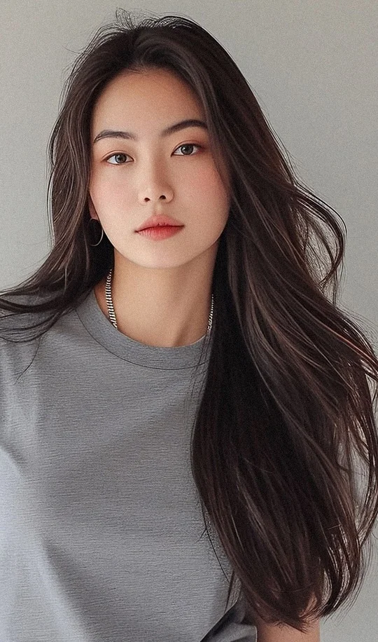 Person with long hair in a gray shirt.