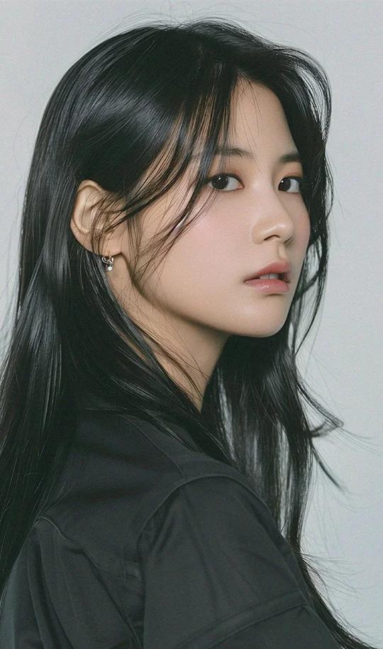 Woman with long black hair in black shirt