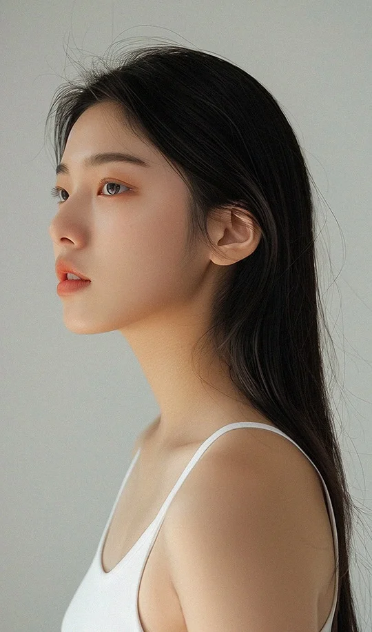 Profile of woman with long hair, white top.