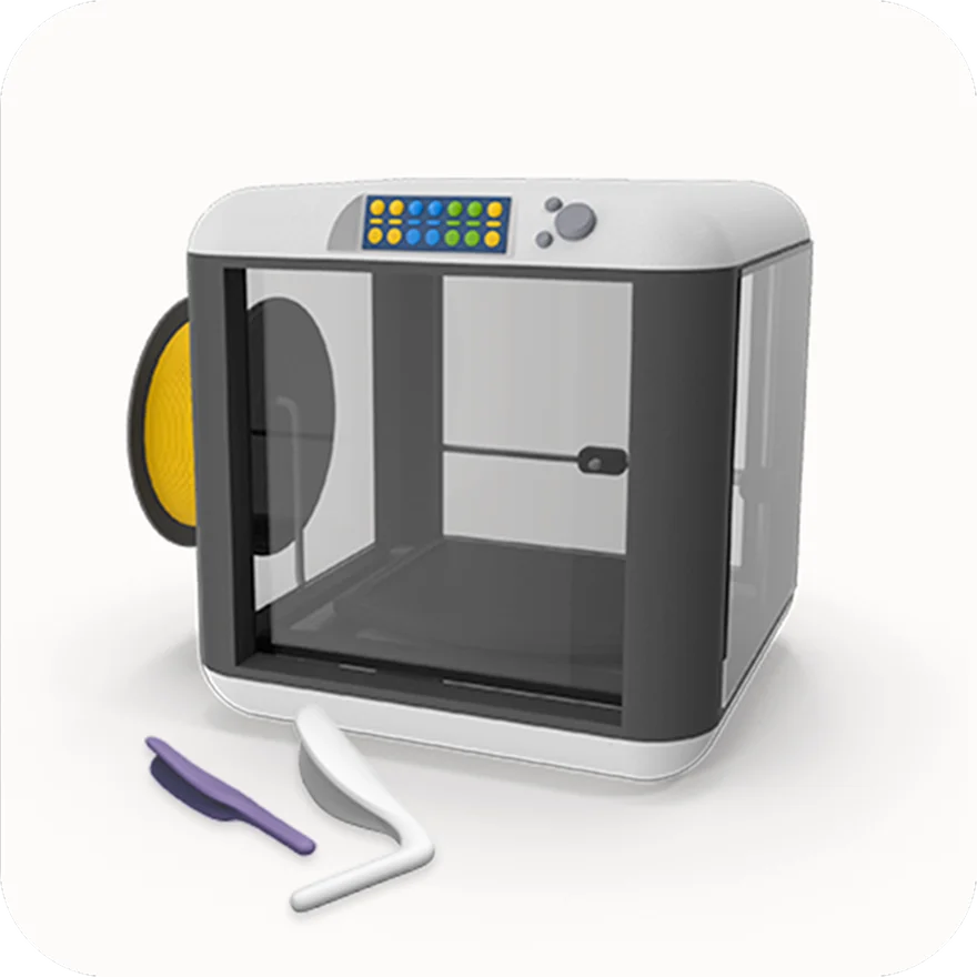 Modern 3D printer with colorful display and tools.