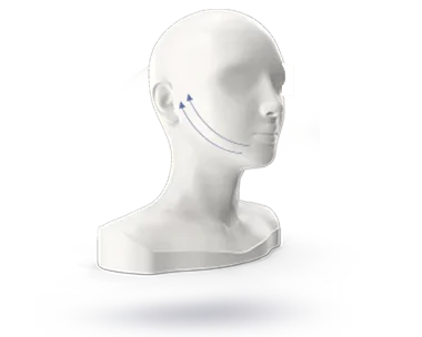 Head mannequin with illustrated facial lift arrows
