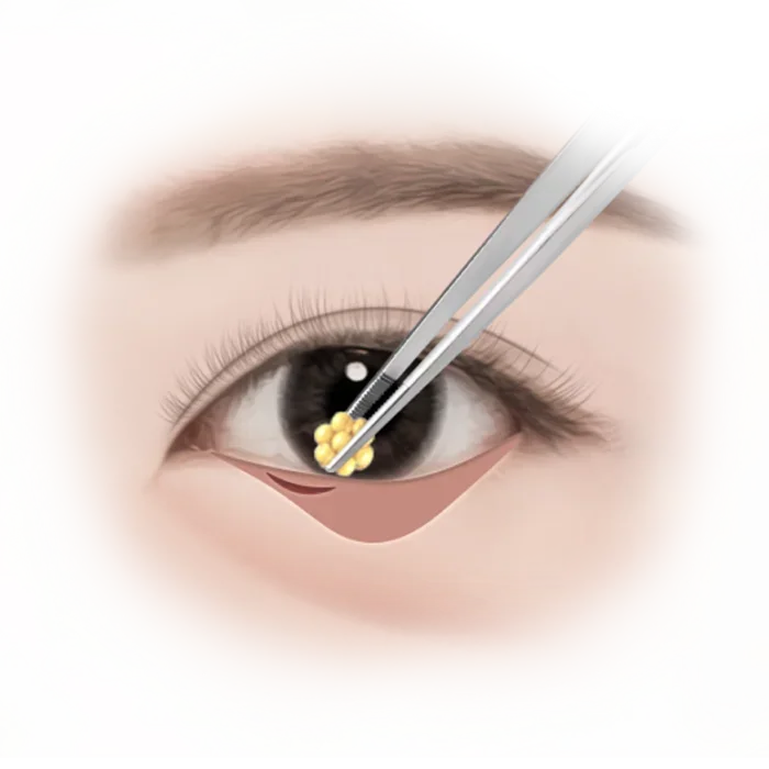 Illustration of milia removal from eyelid with tweezers.